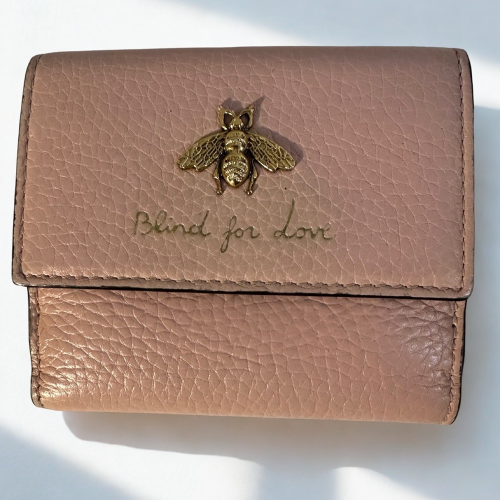 Gucci Blush Pink Leather Wallet with Gold Bee and Blind for Love - Picture 3 of 8